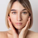 Portrait of a woman showing before and after photos of melasma